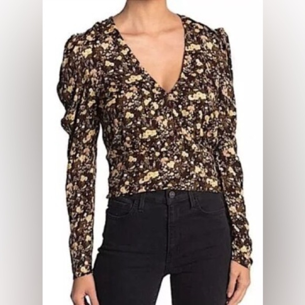 AFRM Puff Sleeve Floral Crop Top Brown Multi XS NWT $88